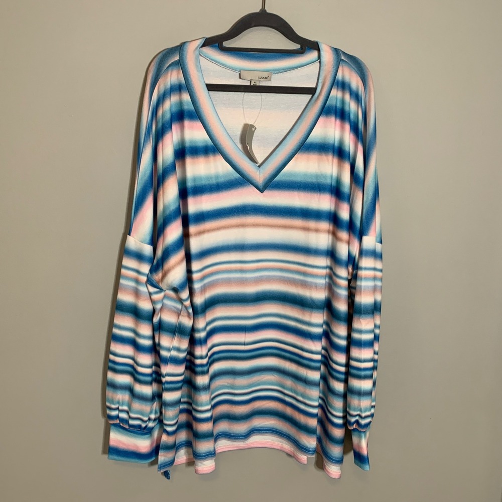 NEW LUUKSE Muted Stripe Balloon Sleeve V‎ Neck Top 4X
